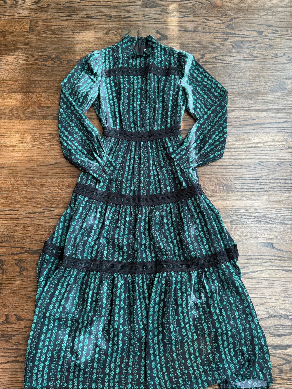 Green Floral Long Sleeve Tiered Maxi Dress